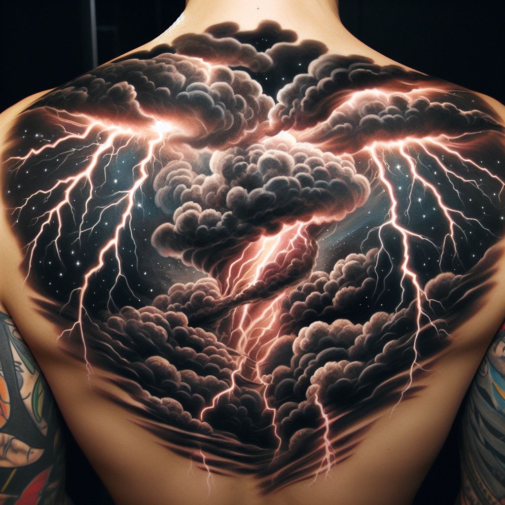 A tattoo showcasing a powerful thunderstorm, with lightning bolts striking from the top of the chest downwards, and storm clouds spreading across the shoulders.