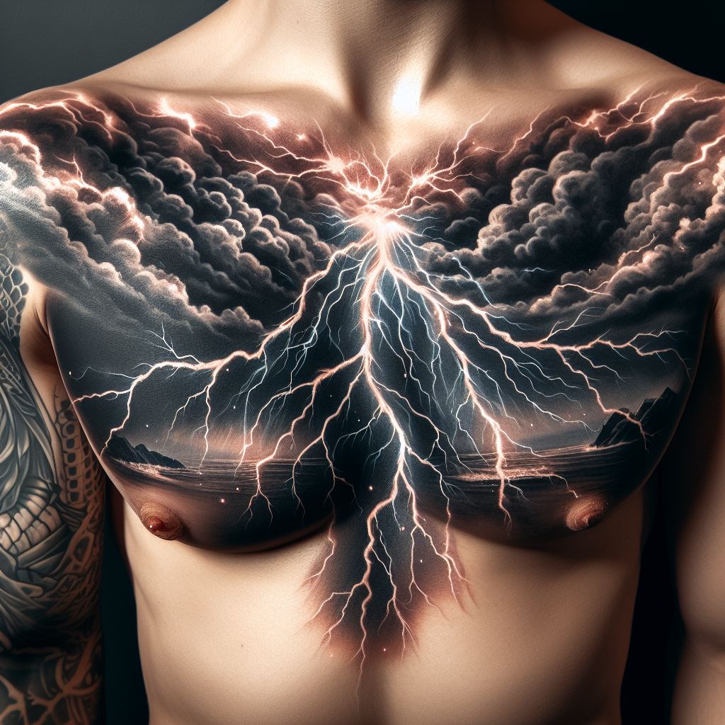 A tattoo showcasing a powerful thunderstorm, with lightning bolts striking from the top of the chest downwards, and storm clouds spreading across the shoulders.