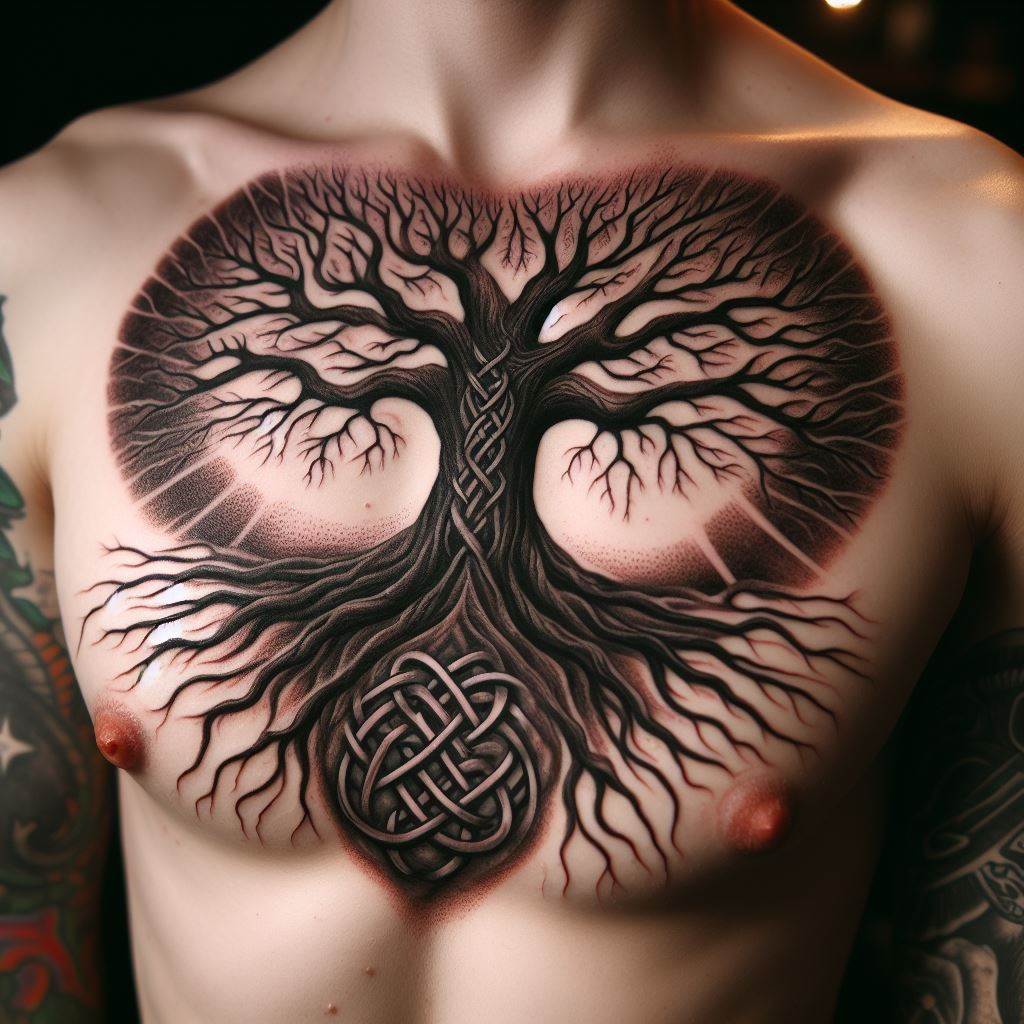 A tattoo of an ancient tree with deep roots spreading across the lower chest and branches reaching up towards the collarbones, incorporating Celtic knots within its bark.