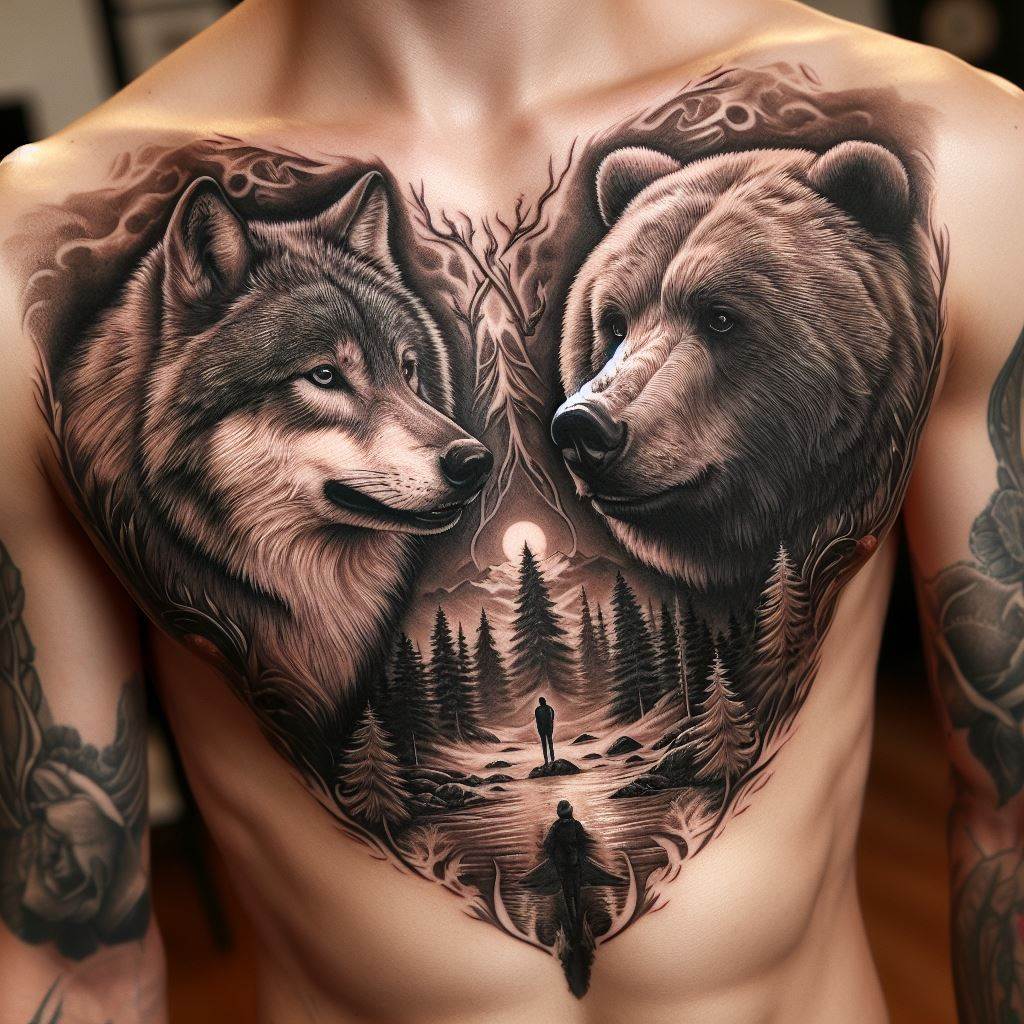 A tattoo featuring a detailed portrait of a wolf and a bear, facing each other across the chest, symbolizing strength and courage, with a backdrop of wilderness.