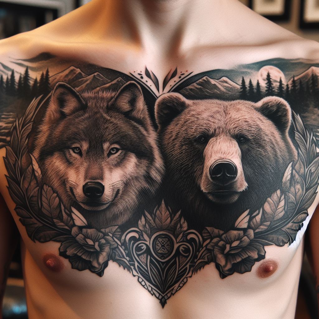A tattoo featuring a detailed portrait of a wolf and a bear, facing each other across the chest, symbolizing strength and courage, with a backdrop of wilderness.