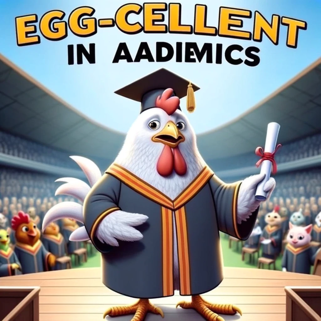 A cartoon chicken dressed in graduation robes, holding a diploma, standing proudly on a stage. The background suggests a graduation ceremony with other animals in attendance. The chicken has a look of achievement and pride, capturing the moment of academic success. The text overlay says: "Egg-cellent in academics." This meme cleverly plays on words and adds a humorous twist to the idea of educational achievement with a chicken as the graduate.