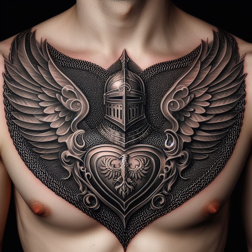 A tattoo of a chainmail armor design, covering the chest and shoulders, with a medieval crest centered over the heart, designed in a realistic 3D style.