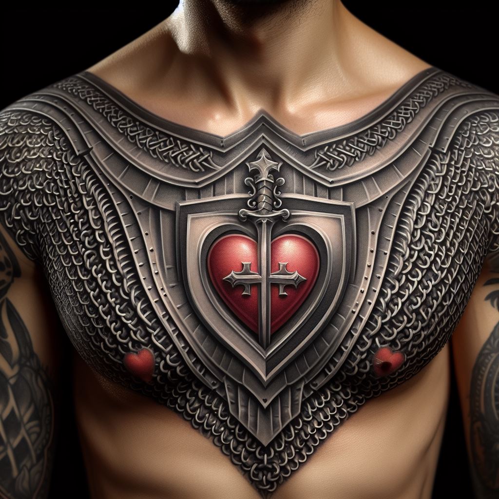 A tattoo of a chainmail armor design, covering the chest and shoulders, with a medieval crest centered over the heart, designed in a realistic 3D style.