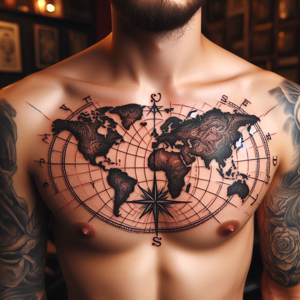 A tattoo depicting an intricate world map, with the equator line centered just below the collarbones, continents spread across the chest, and a compass rose on the upper right side.
