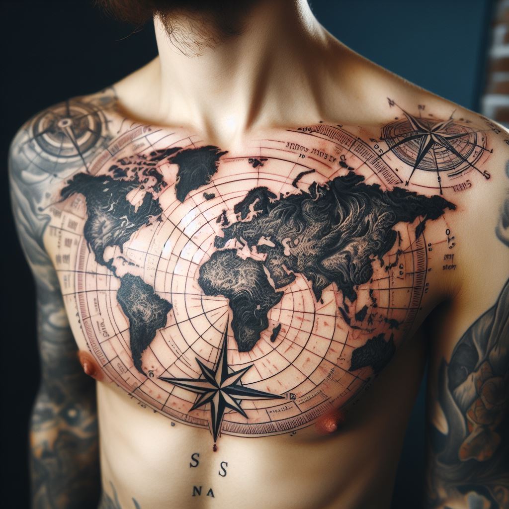 A tattoo depicting an intricate world map, with the equator line centered just below the collarbones, continents spread across the chest, and a compass rose on the upper right side.