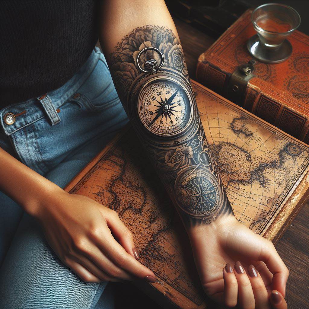 A vintage compass atop an old map tattooed on a woman's forearm, symbolizing adventure, guidance, and the journey through life's uncertainties.