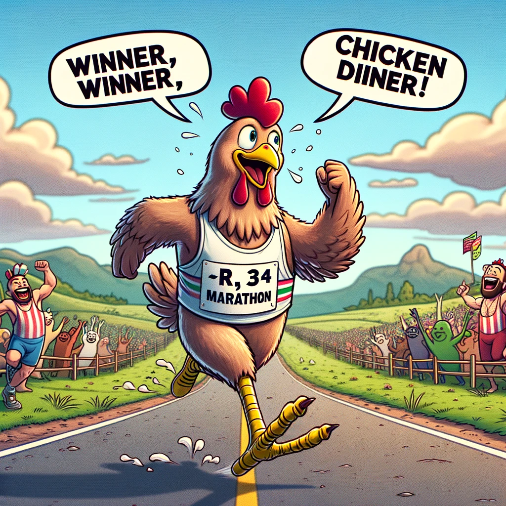 A cartoon chicken participating in a marathon, wearing a runner's bib and sweating as it runs along a scenic route. The background shows a countryside landscape with cheering farm animals on the sidelines. The chicken looks determined and energetic, adding a funny contrast to the usual marathon participants. The text overlay reads: "Winner, winner, chicken dinner!" This meme playfully combines the theme of competition with a lighthearted take on the chicken's participation in sports.