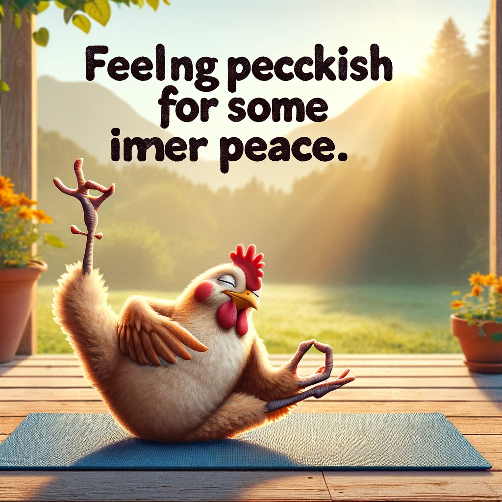 A cartoon chicken attempting to do yoga, striking a humorous pose on a mat in a peaceful setting. The background is a serene garden with soft morning light. The chicken's concentration and awkward pose add a comical touch to the idea of relaxation and fitness. The text overlay reads: "Feeling peckish for some inner peace." This image blends the themes of health, humor, and chickens in a playful and engaging way.