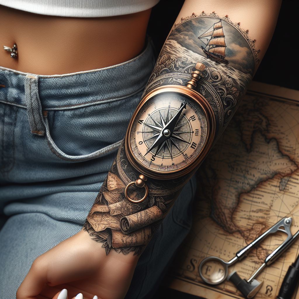 A vintage compass atop an old map tattooed on a woman's forearm, symbolizing adventure, guidance, and the journey through life's uncertainties.