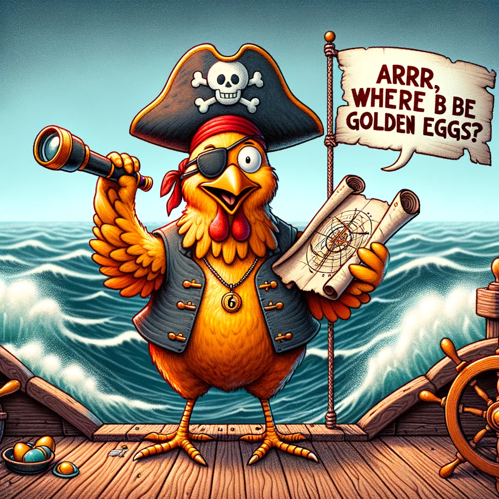 A cartoon chicken dressed as a pirate, standing on the deck of a ship with a treasure map in one wing and a telescope in the other. The sea is rough, and a pirate flag waves in the background. The chicken's adventurous expression and pirate attire add a humorous twist to the theme of exploration and treasure hunting. The text overlay reads: "Arrr, where be the golden eggs?" This meme creatively combines the world of piracy with chicken humor, offering a fun and adventurous image.