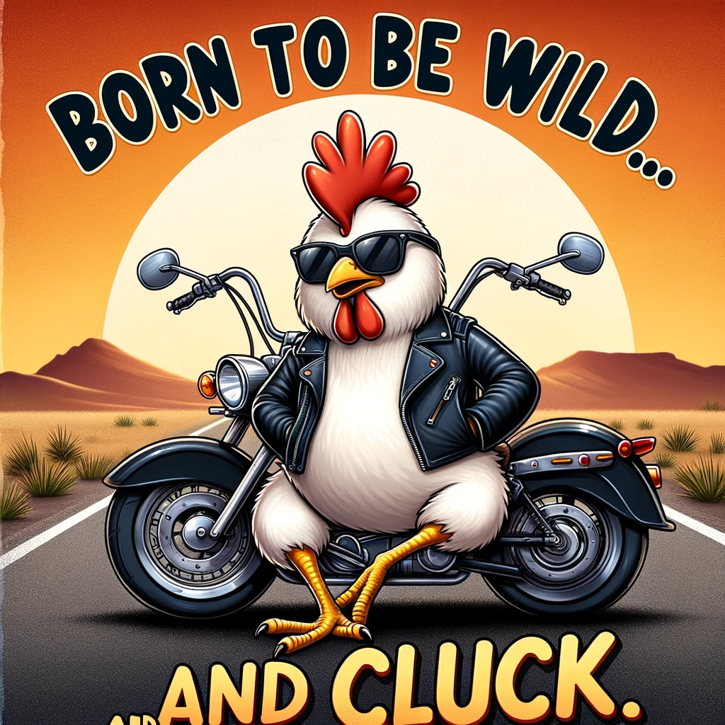 A cartoon chicken sitting on a motorcycle, wearing a leather jacket and sunglasses, looking like a rebel. The background features an open road stretching into the sunset. The chicken's cool demeanor and the sense of freedom evoke a sense of adventure. The text overlay reads: "Born to be wild... and cluck." This meme combines the classic biker spirit with a humorous chicken twist, creating a funny and adventurous vibe.
