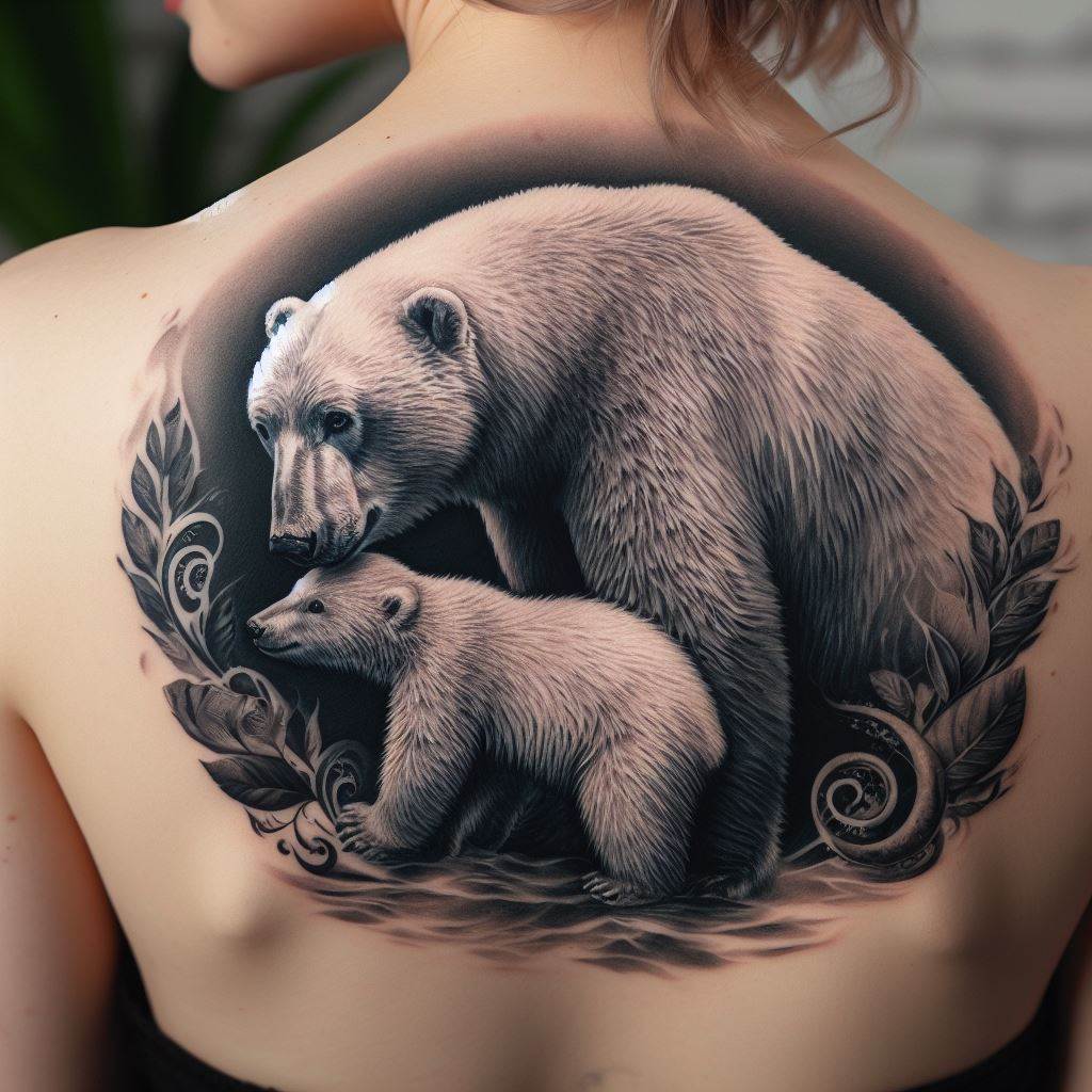 A realistic tattoo of a polar bear and cub on a woman's back, symbolizing motherhood, protection, and the strength of the family bond.