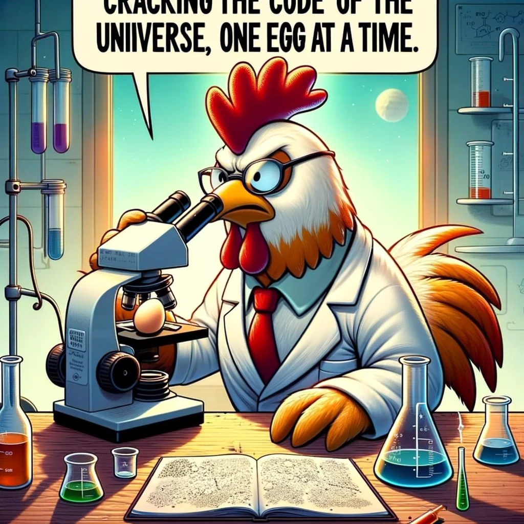 A cartoon chicken dressed in a lab coat, looking through a microscope in a science lab setting. The lab is filled with beakers, test tubes, and scientific equipment. The chicken appears focused and intelligent, adding a humorous twist to the theme of scientific discovery. The text overlay reads: "Cracking the code of the universe, one egg at a time." This meme creatively combines the worlds of science and chicken humor, offering a funny take on curiosity and experimentation.