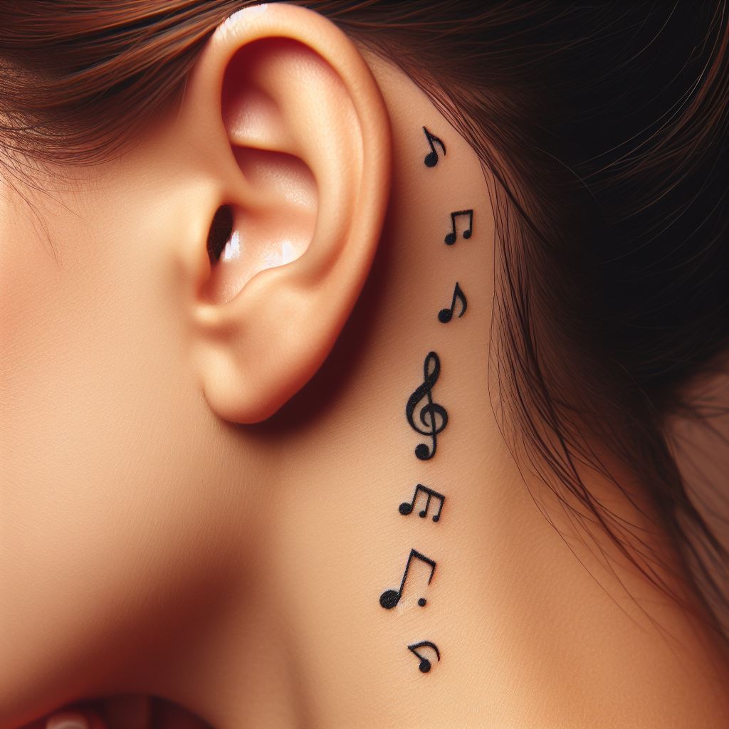 A series of small, delicate musical notes tattooed just behind a woman's ear, symbolizing a love for music, harmony, and personal melody.