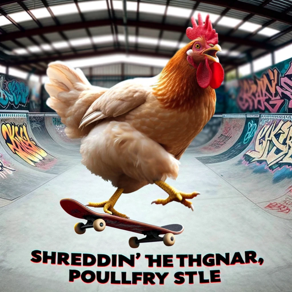 A cartoon chicken on a skateboard, doing a trick in a skatepark with graffiti walls in the background. The chicken's dynamic pose and focused expression convey a sense of action and skill. The text overlay reads: "Shreddin' the gnar, poultry style." This meme captures the spirit of adventure and youth culture, humorously adapted to a chicken showcasing its skateboarding prowess.