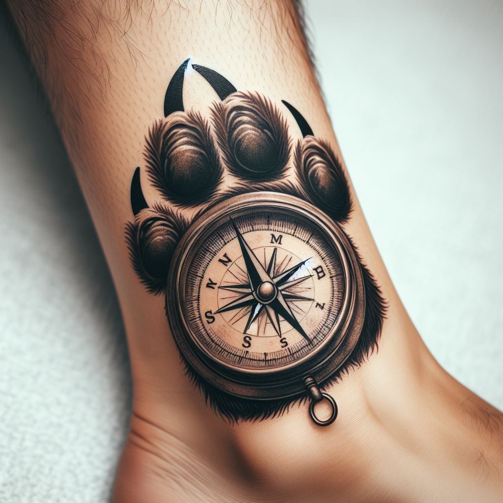 A tattoo of a bear paw print encircled by a compass, located on the ankle. The design symbolizes guidance and the journey of life, with the bear's paw representing a steady and strong path forward. The compass is detailed with vintage style, and the bear paw is realistic, creating a contrast between the wild and the navigated. This tattoo blends symbolism with style, making it an ideal choice for an adventurous spirit.