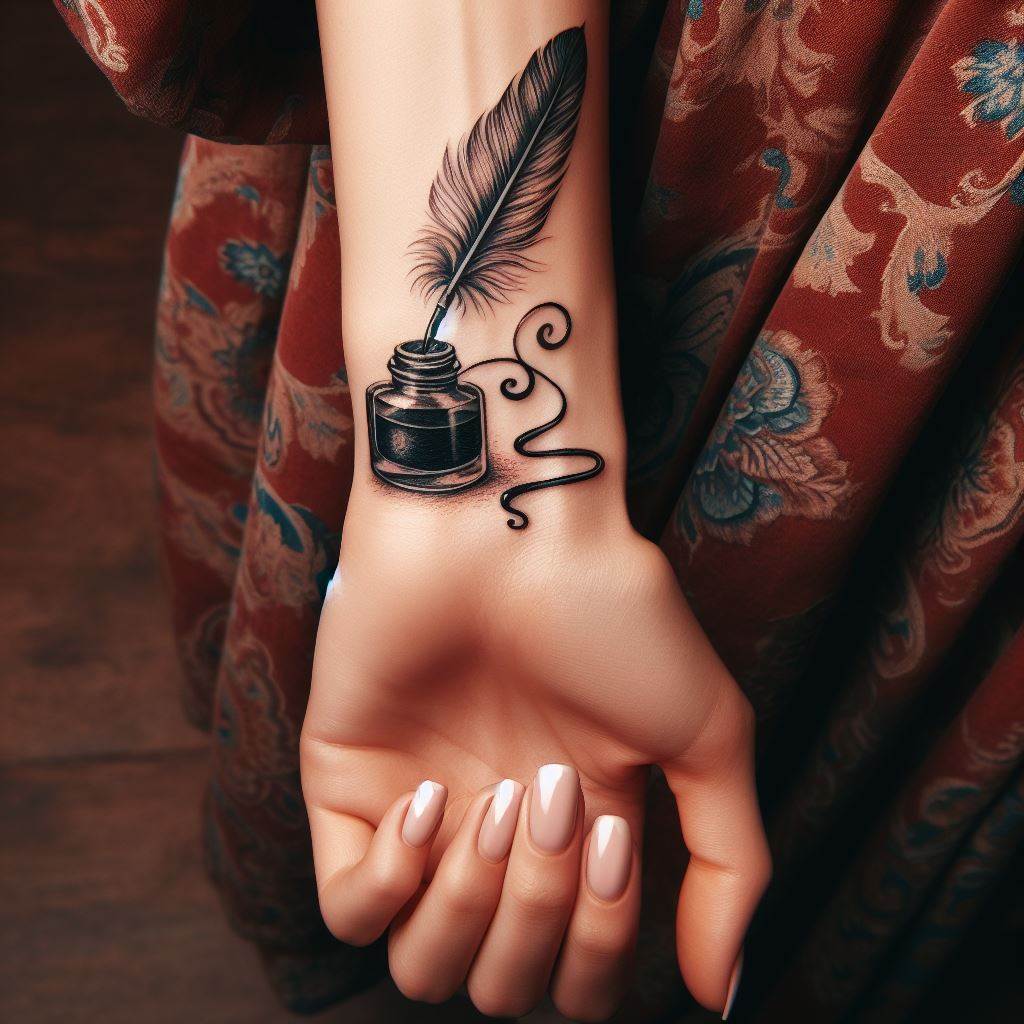 An elegant quill and ink pot tattoo on a woman's wrist, symbolizing a love for writing, creativity, and the timeless art of storytelling.