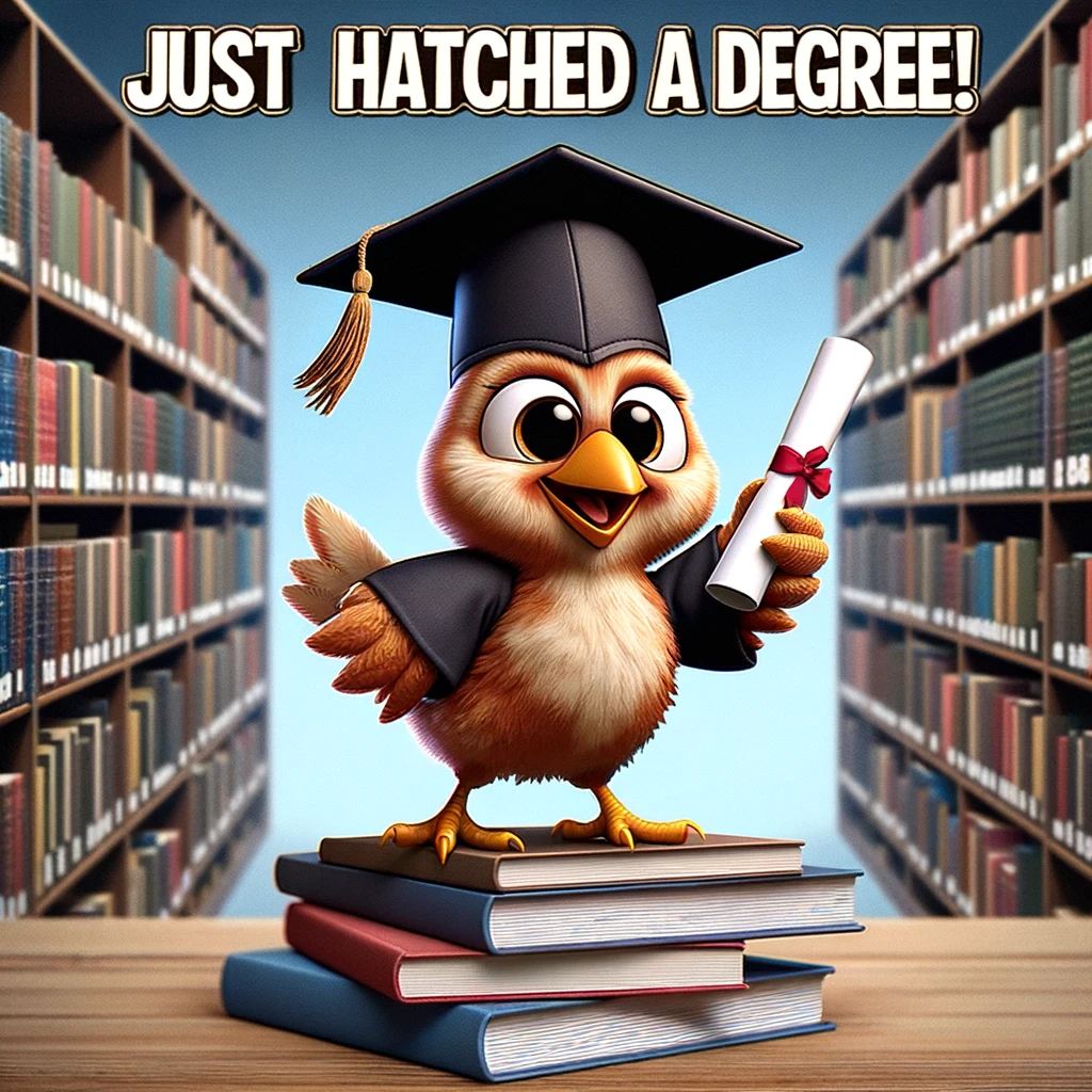 A cartoon chicken wearing a graduation cap, standing on a pile of books and holding a diploma, with a proud and accomplished expression. The background is a library filled with books, symbolizing knowledge and education. The text overlay reads: "Just hatched a degree!" This meme humorously celebrates academic achievement with a chicken as the graduate, making it a playful take on graduation ceremonies and the pursuit of education.