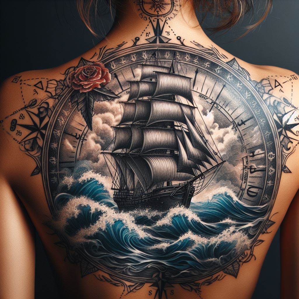 A detailed sailing ship tattoo covering a woman's upper back, with waves and a compass, symbolizing adventure, exploration, and navigating through life's challenges.