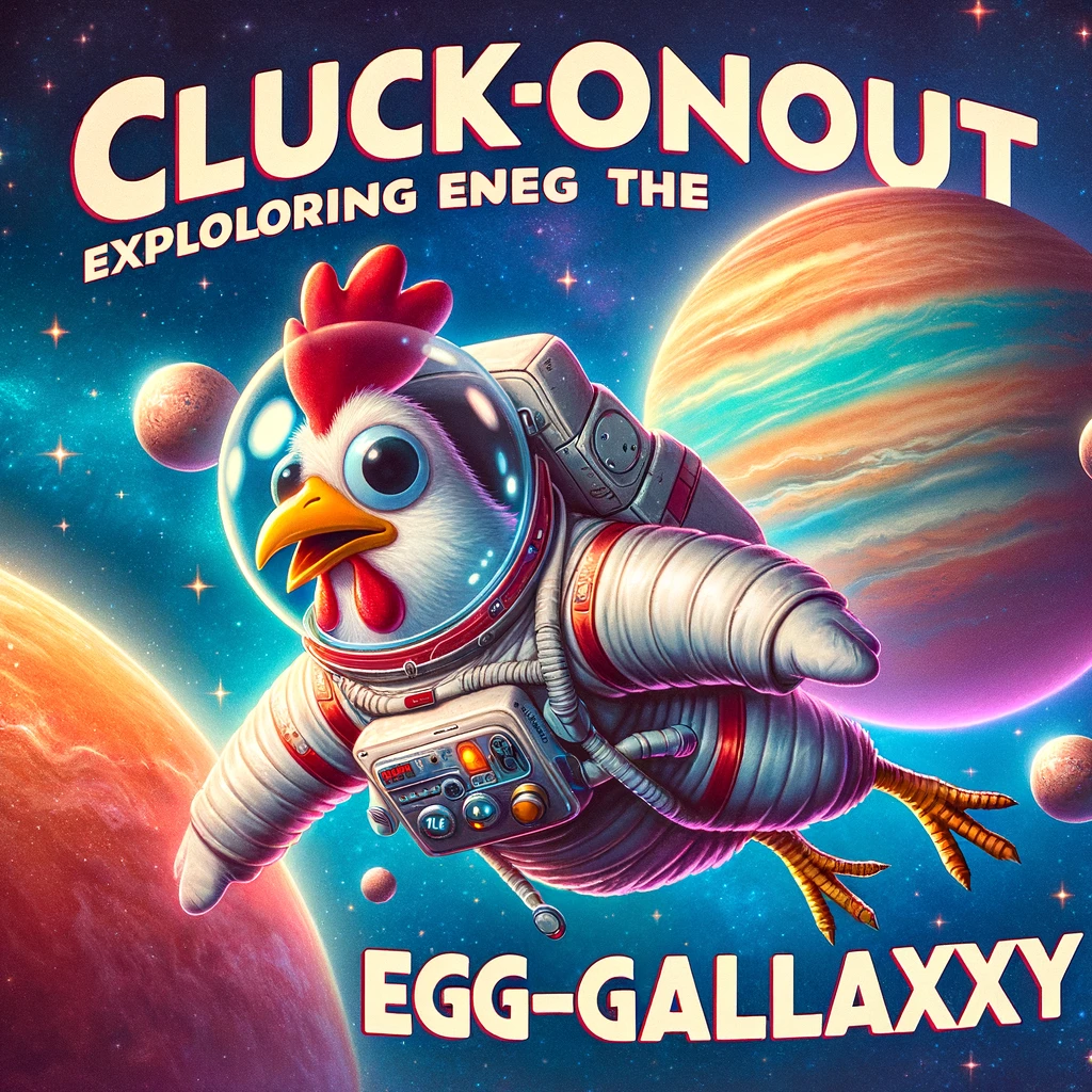 A cartoon chicken in a spacesuit, floating in space near a colorful planet. The chicken looks amazed by the cosmic scenery, adding a humorous twist to space exploration. The text overlay reads: "Cluckonaut exploring the egg-galaxy." This meme creatively combines the theme of space exploration with chicken humor, portraying a chicken astronaut, or 'cluckonaut,' on an adventurous journey through space.