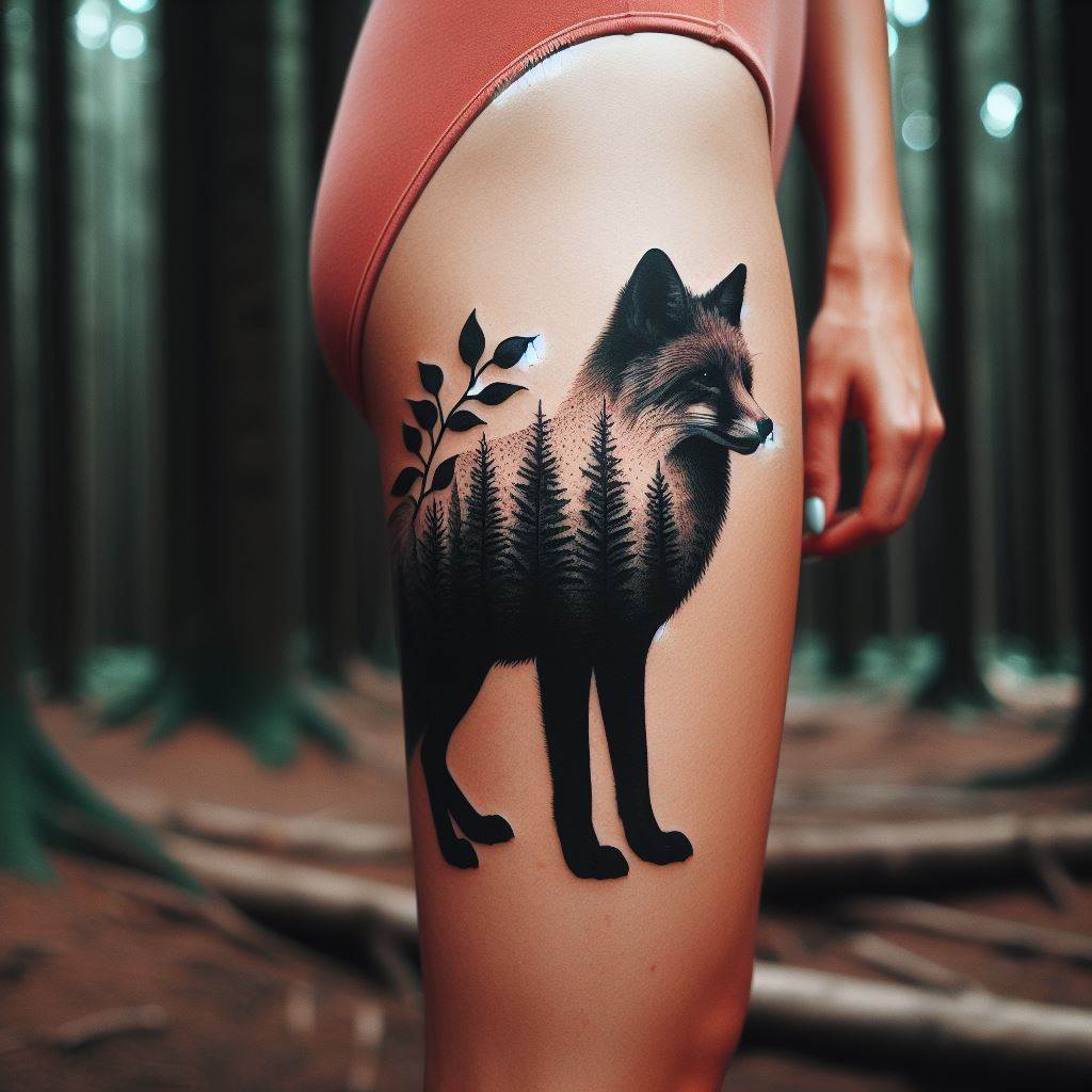 A woman's calf tattoo depicting a fox silhouette against a dense forest background, symbolizing cunning, adaptability, and a connection to nature.