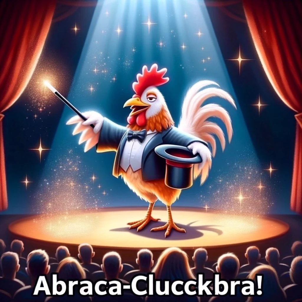 A cartoon chicken dressed as a magician, performing a magic trick with a wand and a hat, with sparkles around. The setting is a stage with a curtain, and the audience appears captivated. The chicken's confident pose and the mystical ambiance add a whimsical touch. The text overlay reads: "Abraca-cluckbra!" This meme playfully combines the enchantment of magic shows with chicken humor, creating a charming and funny image.