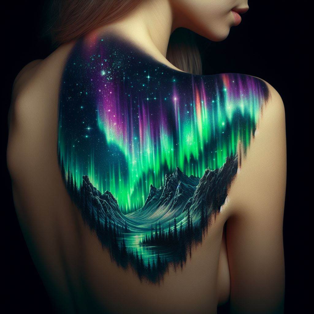 A breathtaking Aurora Borealis scene tattooed over a woman's shoulder, with vibrant greens and purples lighting up a night sky, symbolizing wonder, natural beauty, and the magic of the earth.