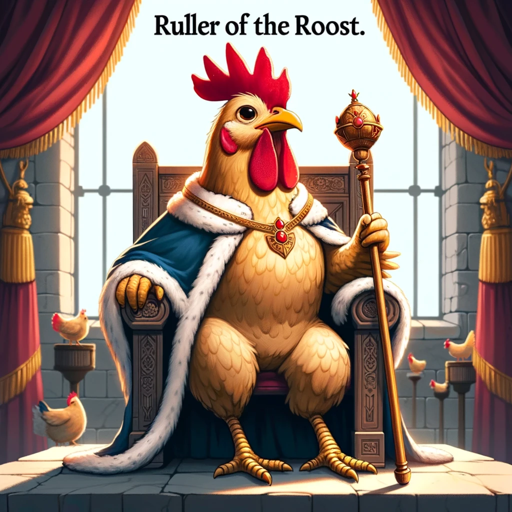 A cartoon chicken dressed as a king, sitting on a throne in a castle, holding a scepter with a regal and slightly amused expression. The throne room is lavishly decorated, emphasizing the chicken's royal status. The text overlay reads: "Ruler of the roost." This meme humorously portrays the idea of a chicken with authority, blending medieval royalty themes with chicken humor to create a funny and majestic image.