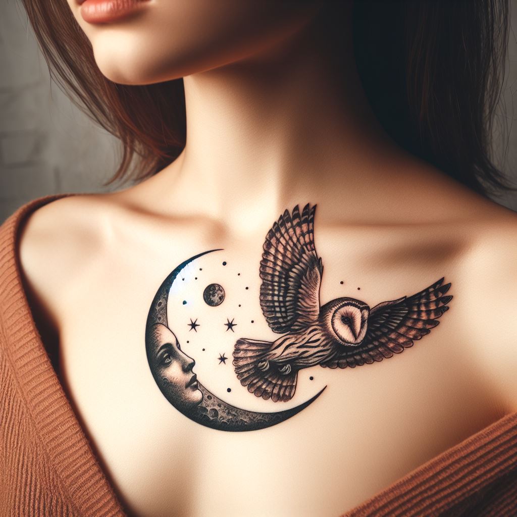 An owl in flight towards a crescent moon tattooed across a woman's collarbone, symbolizing wisdom, transition, and the guidance of intuition under the moon's glow.