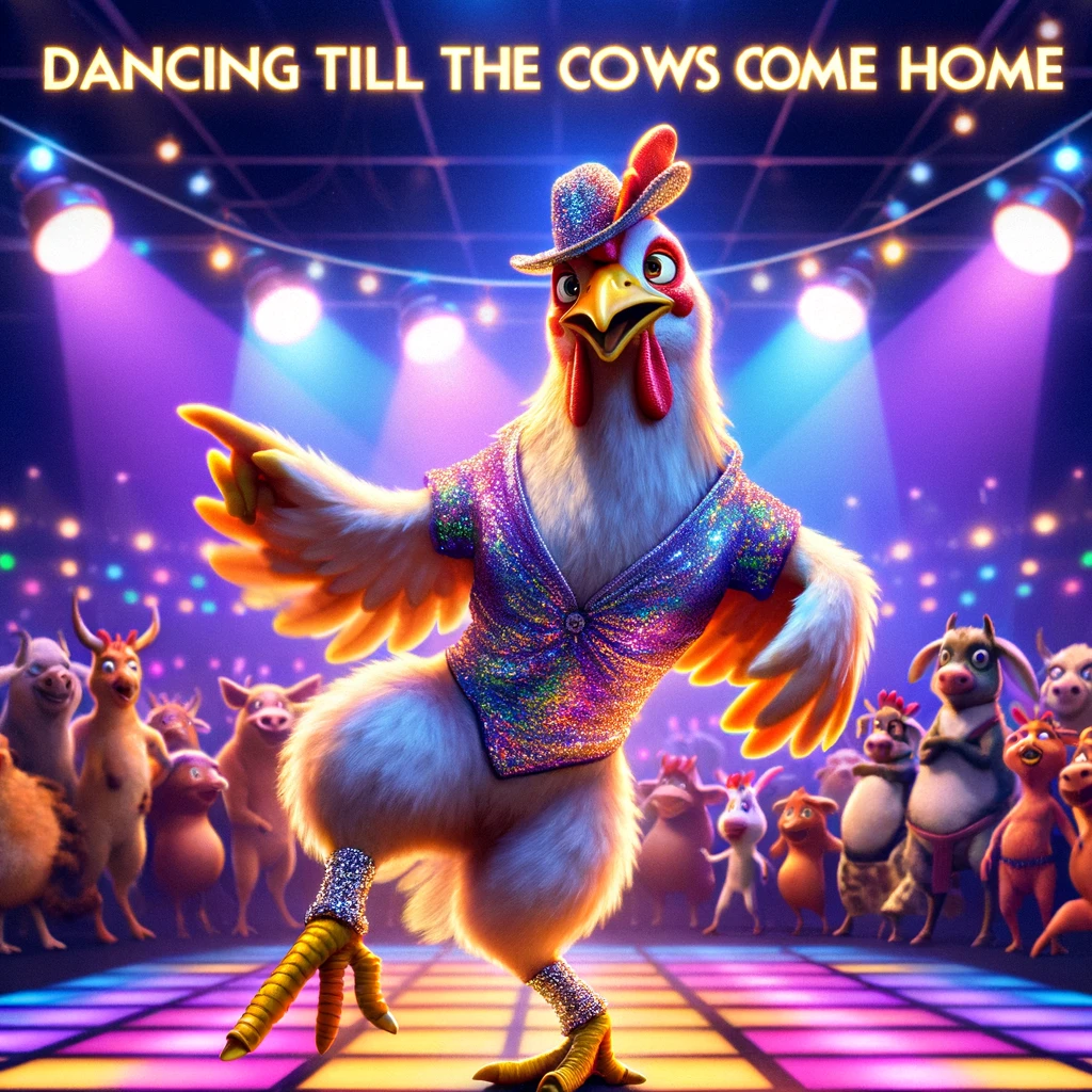 A cartoon chicken participating in a dance competition, wearing a sparkly costume and striking a dynamic pose on the dance floor. The setting is a disco with colorful lights and a crowd of animals watching in awe. The chicken's enthusiastic expression and fancy footwork add a fun and energetic vibe. The text overlay reads: "Dancing till the cows come home." This meme combines the lively atmosphere of a dance party with chicken humor, creating a vibrant and entertaining image.
