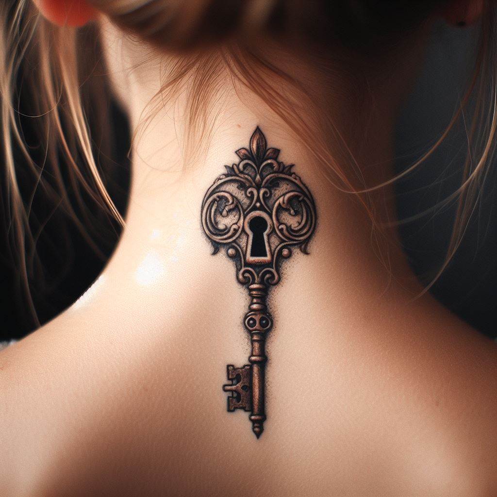A small, intricate antique keyhole tattooed at the nape of a woman's neck, symbolizing mystery, secrets waiting to be uncovered, and the hidden doors within us.