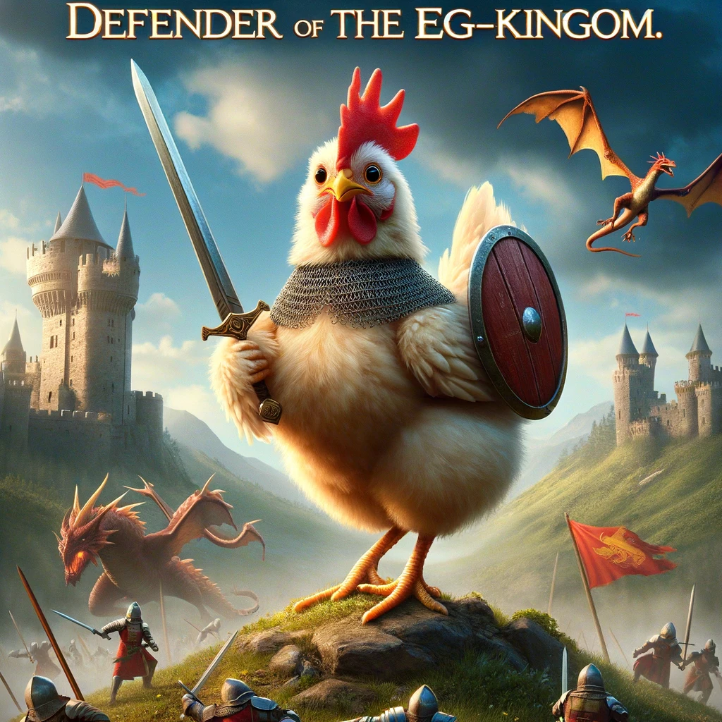 A cartoon chicken dressed as a knight, wielding a sword and shield, standing heroically on a battlefield. The setting is a medieval landscape with castles and dragons in the background. The chicken's brave and determined expression contrasts humorously with its fluffy appearance. The text overlay reads: "Defender of the egg-kingdom." This meme humorously merges fantasy adventure themes with chicken humor, creating an epic and funny image.