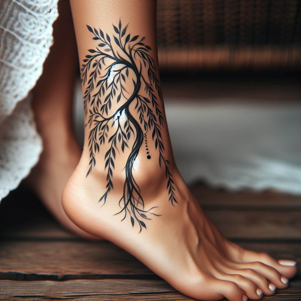 A graceful willow tree tattoo wrapping around a woman's ankle, its drooping branches and leaves symbolizing resilience, flexibility, and the ability to thrive despite challenges.