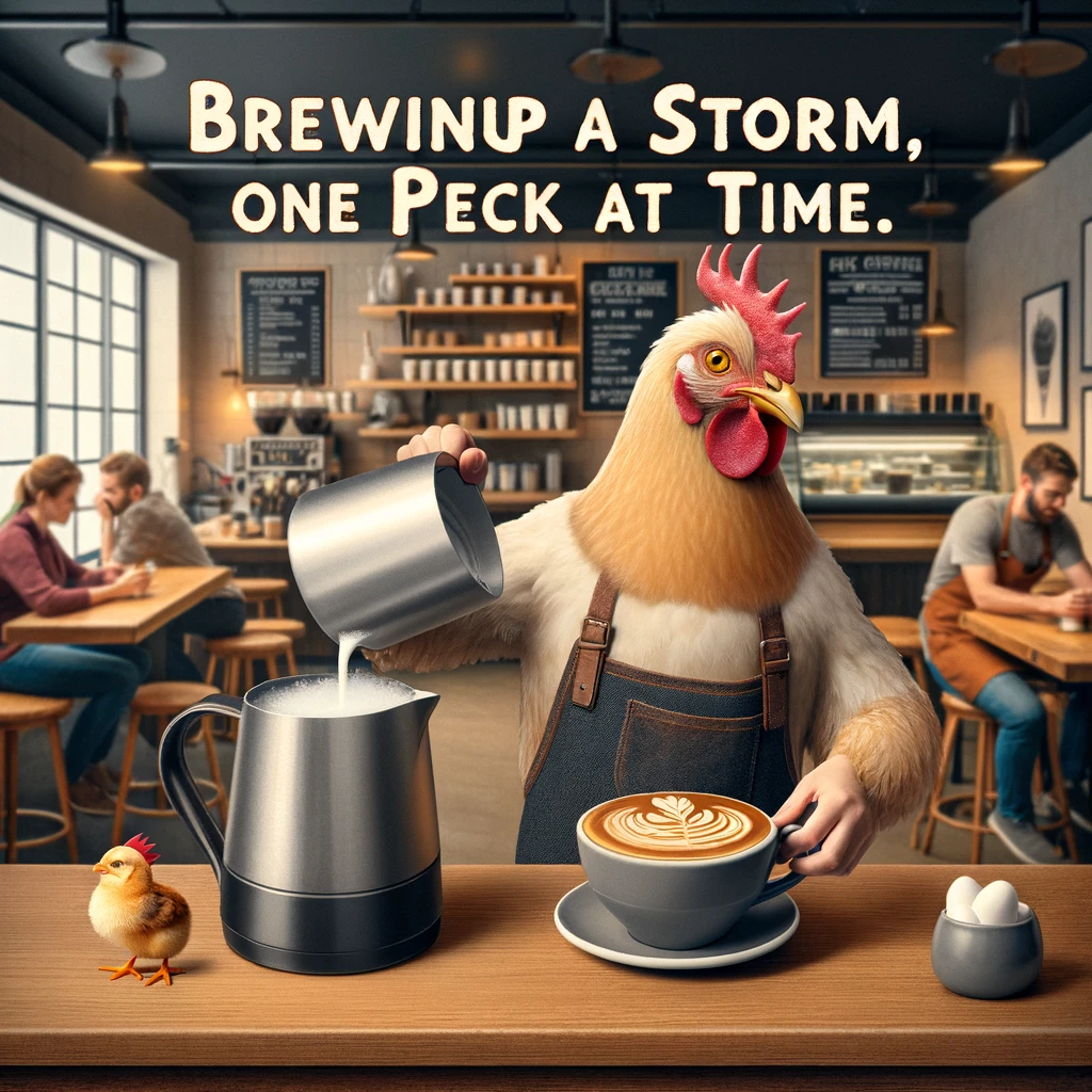 A cartoon chicken working as a barista in a coffee shop, making a latte with artistic foam. The setting is a cozy café with customers in the background. The chicken's focused and skilled expression adds a whimsical touch to the scene. The text overlay reads: "Brewing up a storm, one peck at a time." This meme creatively combines the culture of coffee shops with chicken humor, offering a funny and charming take on the barista profession.