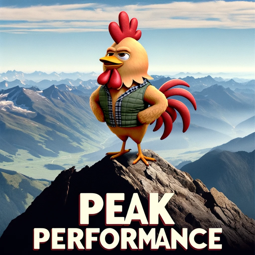 A cartoon chicken dressed in hiking gear, standing on top of a mountain with a triumphant pose. The background shows a breathtaking view of mountains and valleys. The chicken's adventurous spirit and the beauty of nature combine to create a sense of achievement and exploration. The text overlay reads: "Peak performance." This meme cleverly plays on words while celebrating outdoor adventure and the spirit of exploration, with a humorous chicken twist.
