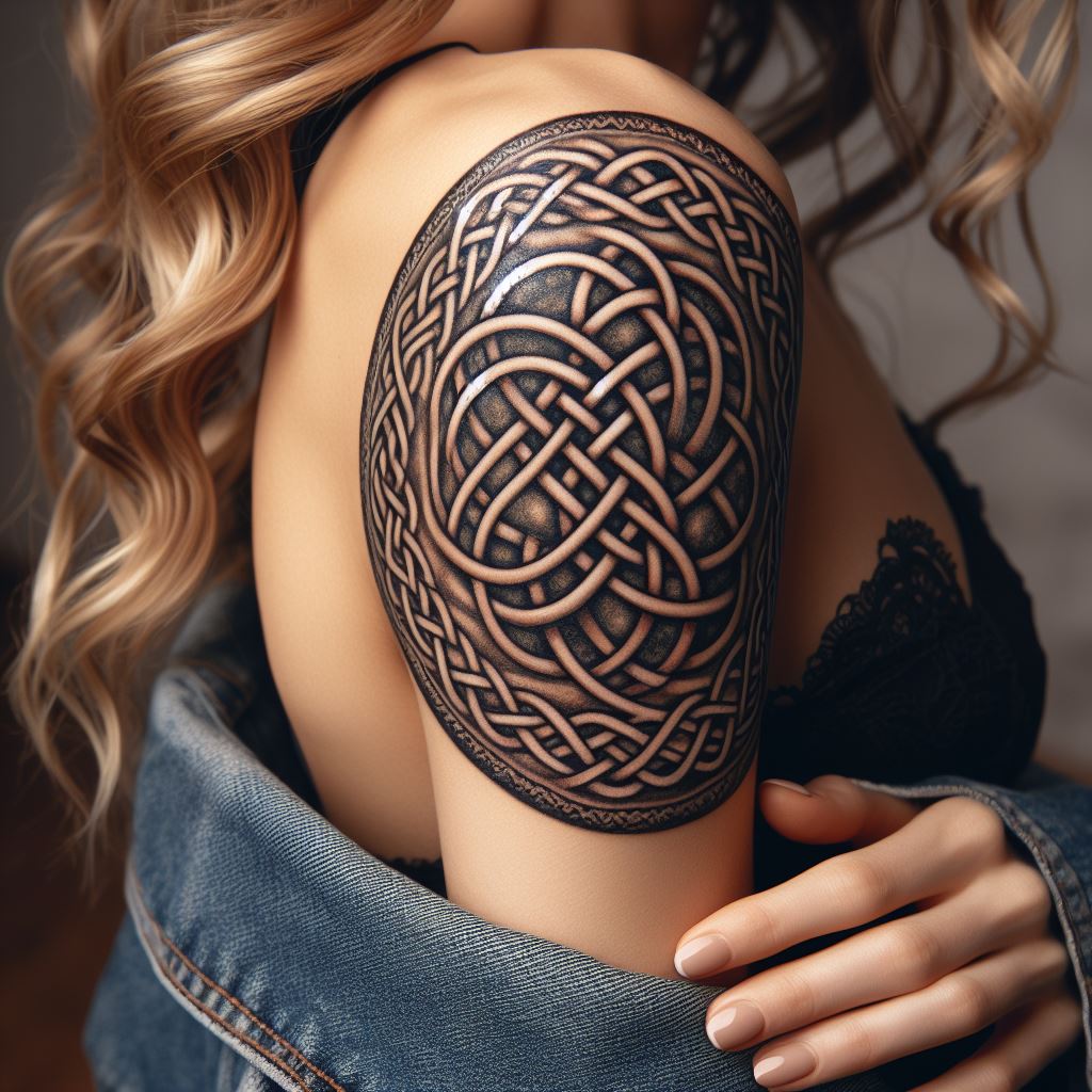 A band of intricate Celtic knotwork tattoo encircling a woman's upper arm, symbolizing the interconnectedness of life, eternal love, and the cycles of nature.