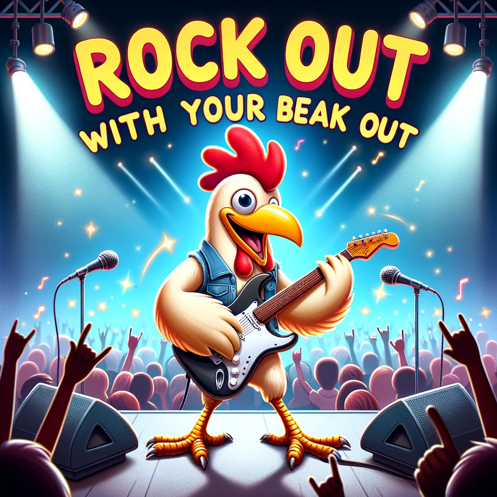 A cartoon chicken playing an electric guitar on stage, surrounded by flashing lights and an excited audience. The chicken's rock star attitude and the energetic concert atmosphere make for a vibrant and entertaining scene. The text overlay reads: "Rock out with your beak out." This meme combines the thrill of live music with chicken humor, creating a funny and lively image that captures the essence of a rock concert.