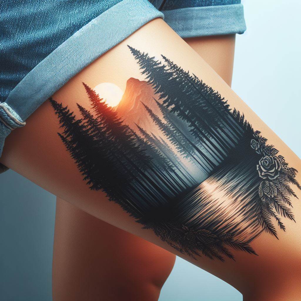 A panoramic view of a dense pine forest silhouette tattooed around a woman's lower leg, representing peace, solitude, and the enduring strength of nature.