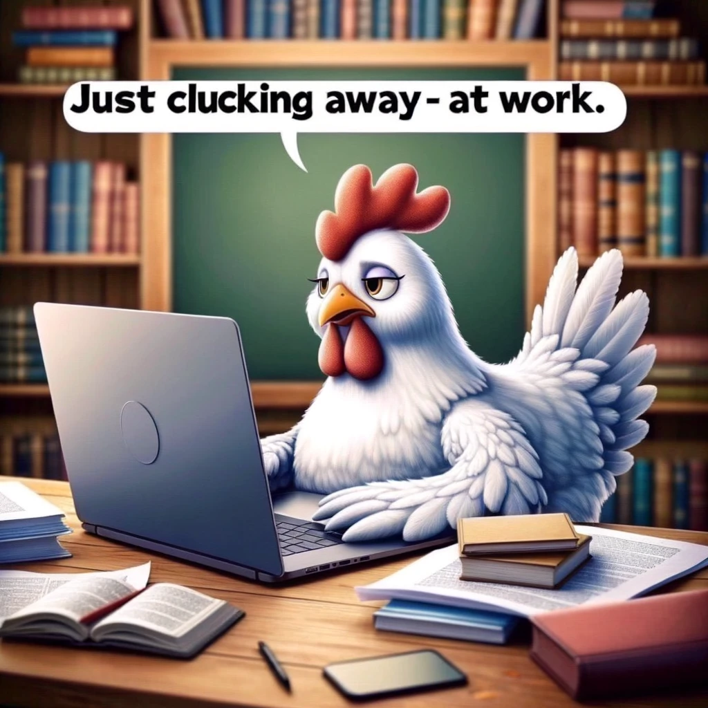 A cartoon chicken using a laptop, sitting at a desk surrounded by books and papers, looking focused and busy. The scene captures the essence of a diligent worker or student deeply engaged in research or study. The text overlay reads: "Just clucking away at work." This meme humorously portrays the chicken as a dedicated professional or student, blending themes of hard work and chicken humor to create a relatable and funny image.