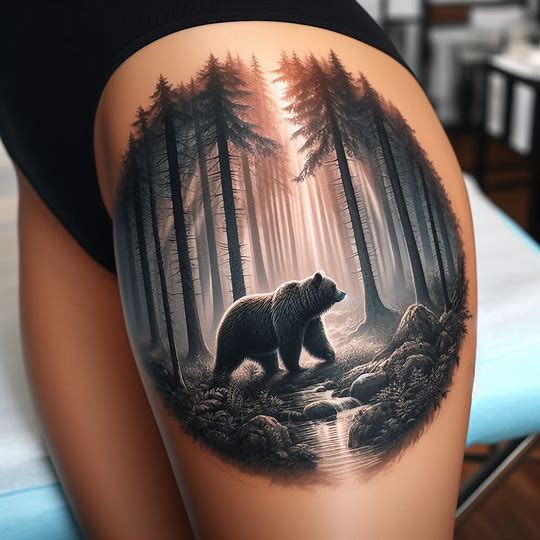 A tattoo of a bear in a forest landscape, sprawling across the thigh. The scene depicts the bear walking through a misty forest, with rays of light filtering through the trees. The design is rich in detail, capturing the texture of the bear's fur, the rough bark of the trees, and the soft mist in the air. This tattoo should embody the bear's quiet power and the serenity of its natural habitat, utilizing the large canvas of the thigh for an immersive piece.