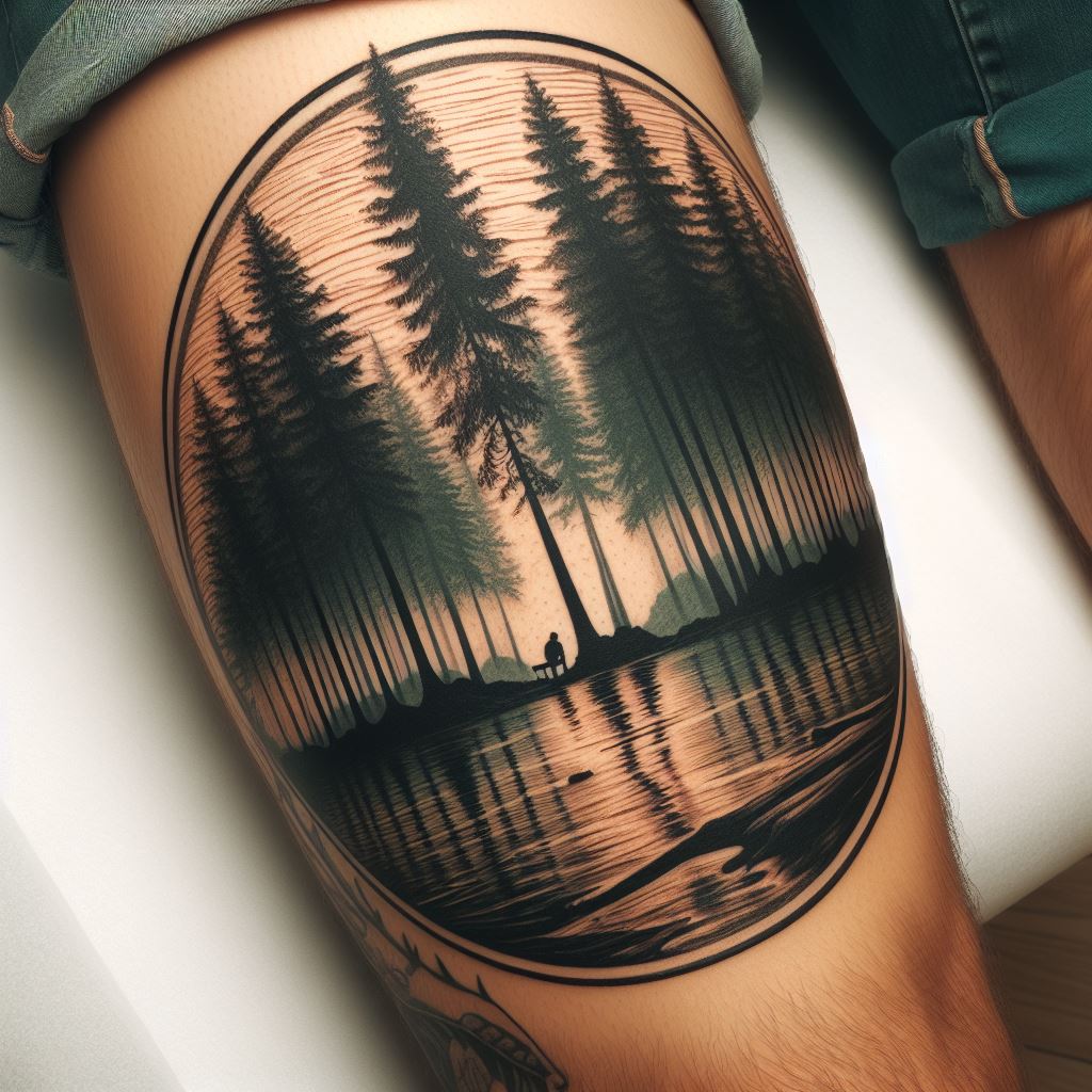 A panoramic view of a dense pine forest silhouette tattooed around a woman's lower leg, representing peace, solitude, and the enduring strength of nature.