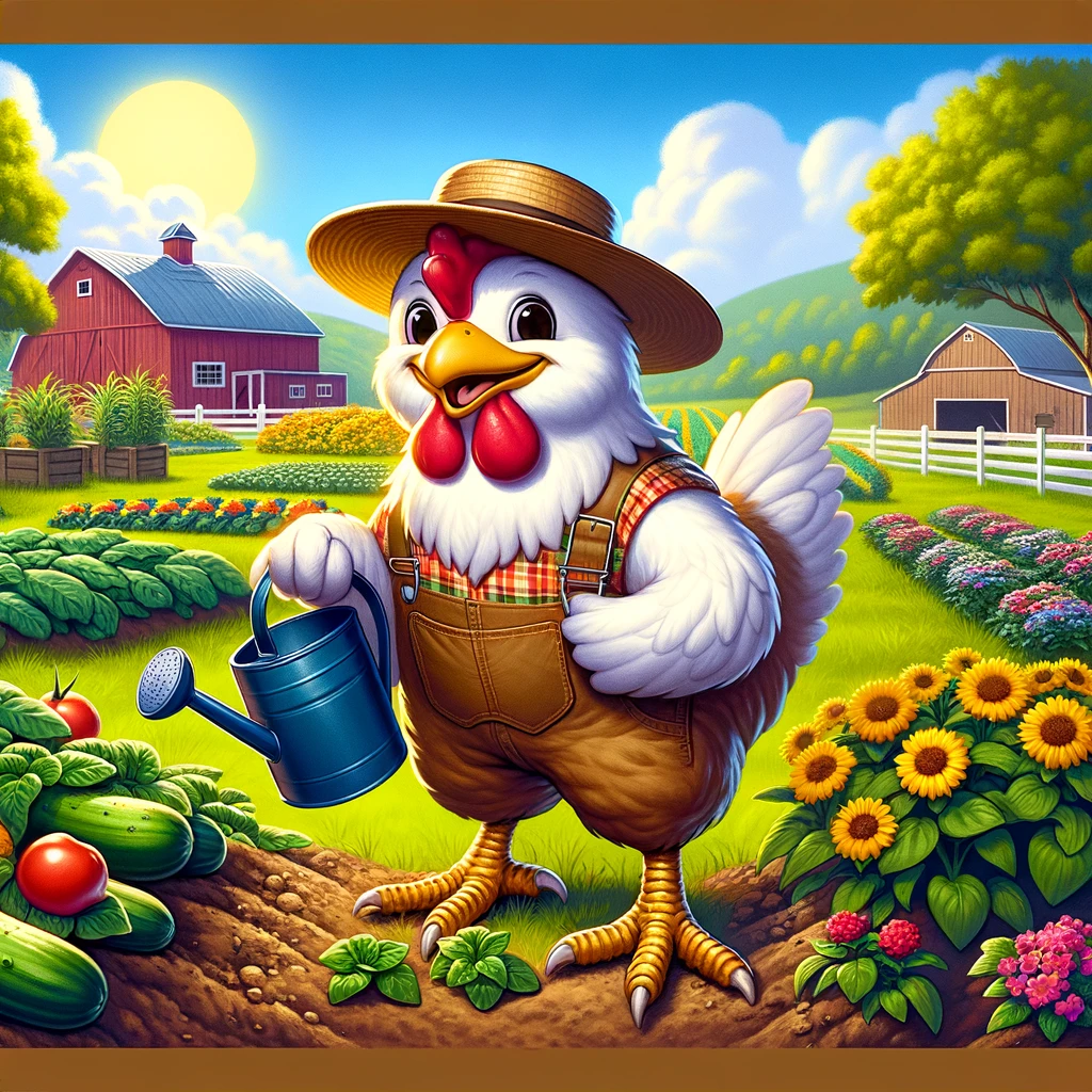 A cartoon chicken dressed as a farmer, tending to a garden of vegetables and flowers, with a watering can in one wing. The setting is a sunny, lush farm with a barn in the background. The chicken's content and nurturing expression convey a love for gardening and farm life. The text overlay reads: "Sowing seeds, growing feeds." This meme charmingly blends the pastoral theme of farming with chicken humor, offering a light-hearted and wholesome image.