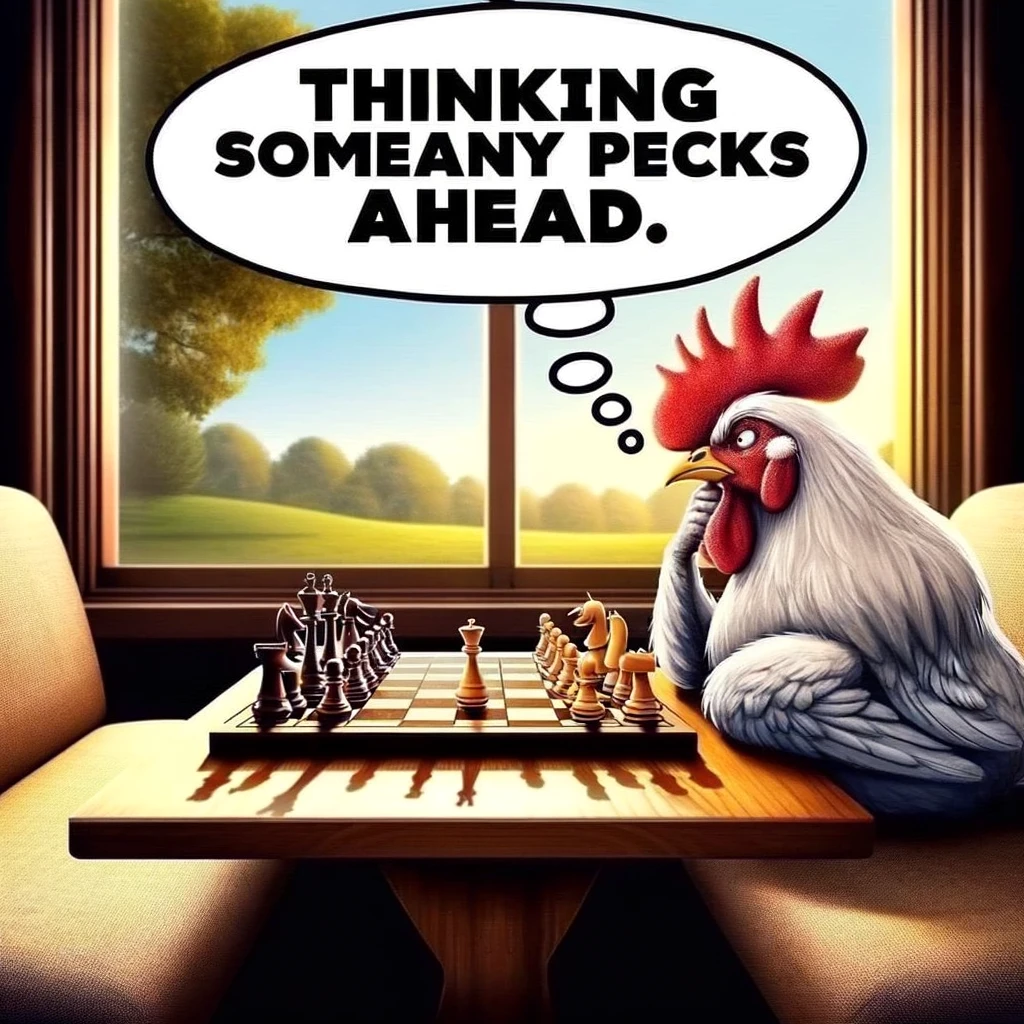A cartoon chicken playing chess, concentrating deeply with one wing on a chin, sitting across from an opponent in a tense match. The setting is a quiet room with a large window showing a peaceful outdoor view. The text overlay reads: "Thinking several pecks ahead." This meme humorously portrays the chicken as a strategic thinker, blending intellectual themes with chicken humor to create an engaging and witty image.