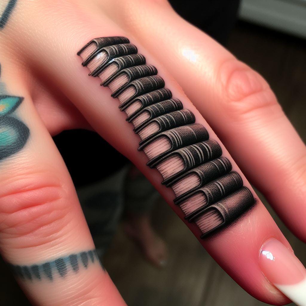 A stack of miniature book spines tattooed along the side of a woman's finger, symbolizing a love for reading, learning, and the stories that shape our lives.