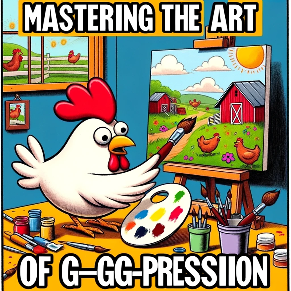 A cartoon chicken engaging in painting, with a brush in its beak, working on a canvas that depicts a colorful barnyard scene. The artist's studio is filled with paintings, brushes, and palettes. The chicken's focused expression and the creative chaos of the studio convey a passion for art. The text overlay reads: "Mastering the art of egg-spression." This meme cleverly plays on words while showcasing a chicken's artistic talent, offering a humorous and creative image.