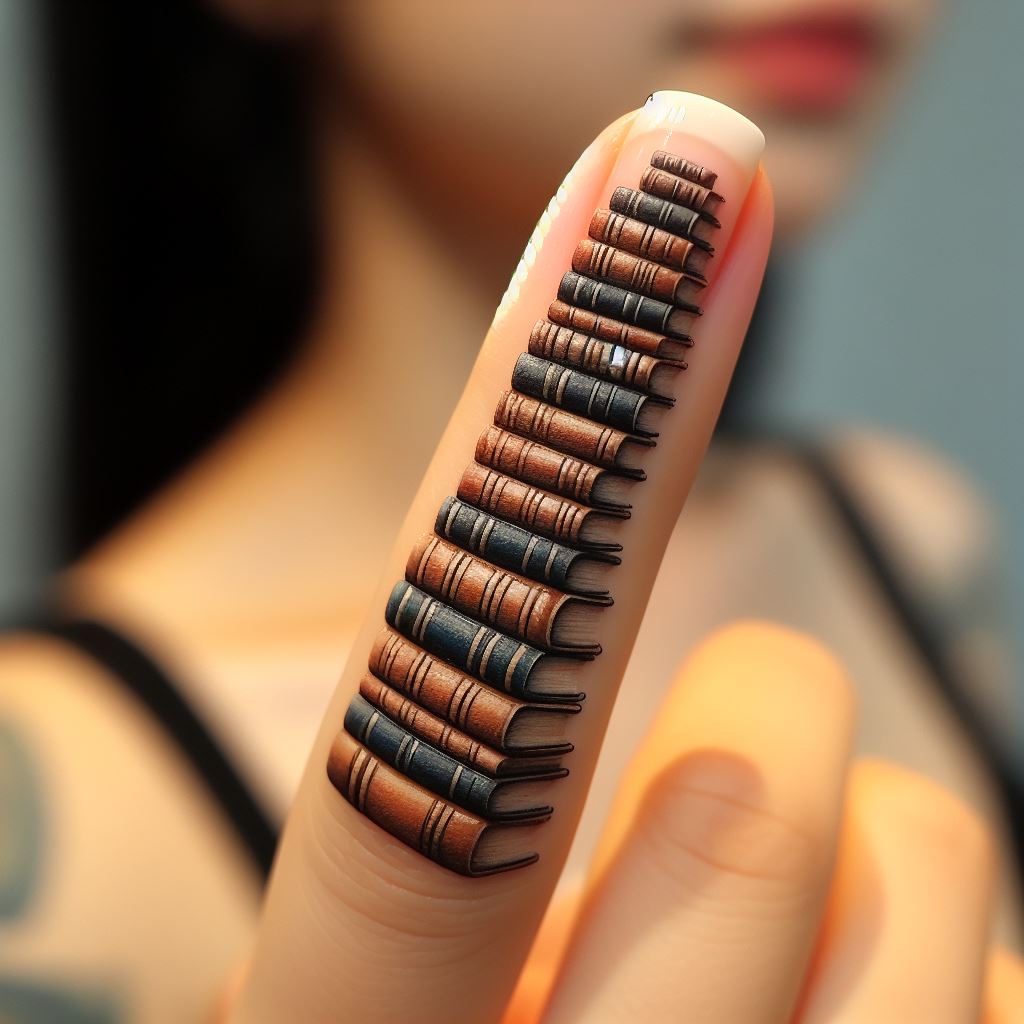 A stack of miniature book spines tattooed along the side of a woman's finger, symbolizing a love for reading, learning, and the stories that shape our lives.