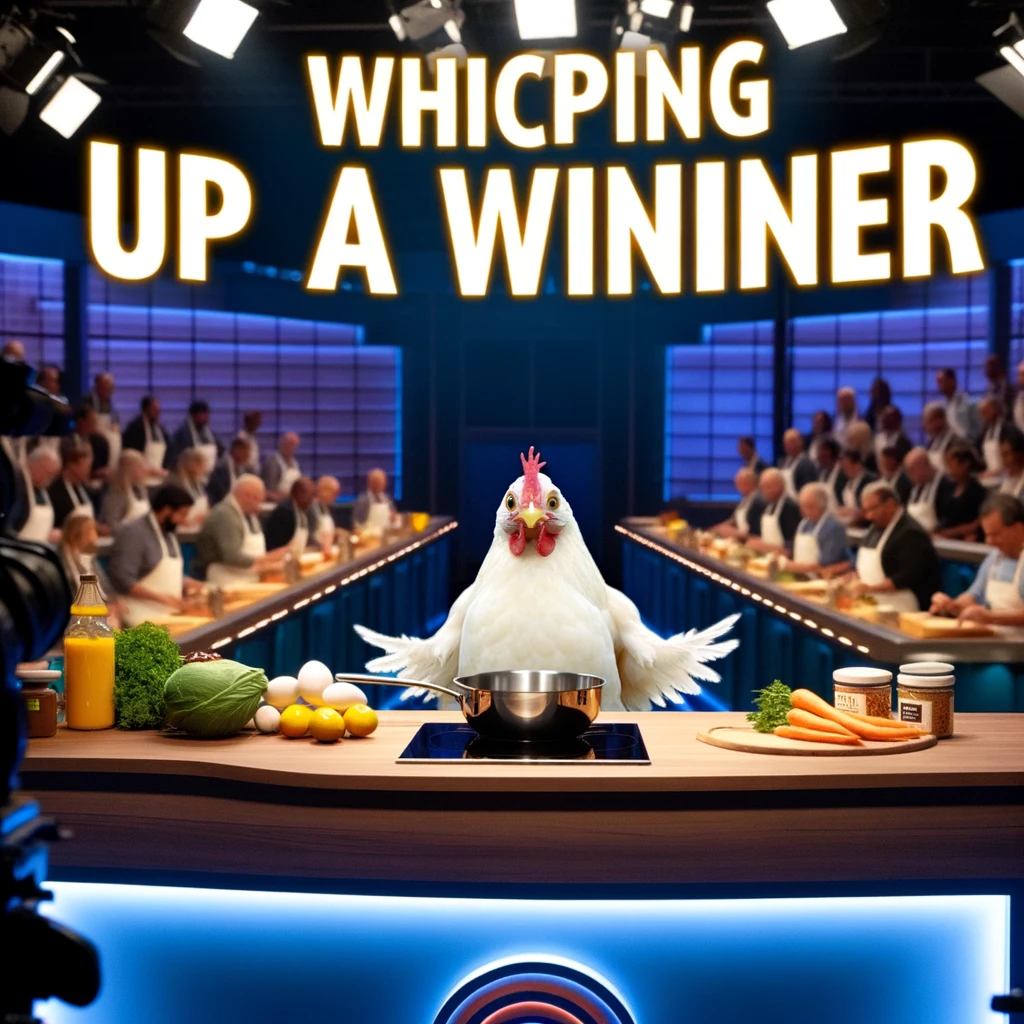 A cartoon chicken participating in a cooking show, standing behind a kitchen counter filled with ingredients, looking determined to win the competition. The setting is a professional kitchen with cameras and lights focused on the chicken. The text overlay reads: "Whipping up a winner." This meme humorously captures the intensity of cooking competitions, with a chicken as the ambitious chef, blending culinary themes with chicken humor for a lighthearted and engaging image.