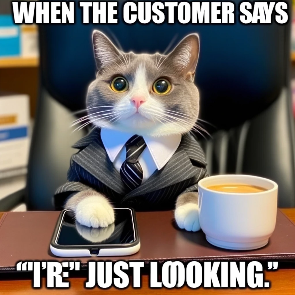 A meme featuring a cat dressed in a business suit, sitting at a desk with a phone in one paw and a cup of coffee in the other. The caption reads, "When the customer says they're 'just looking.'"