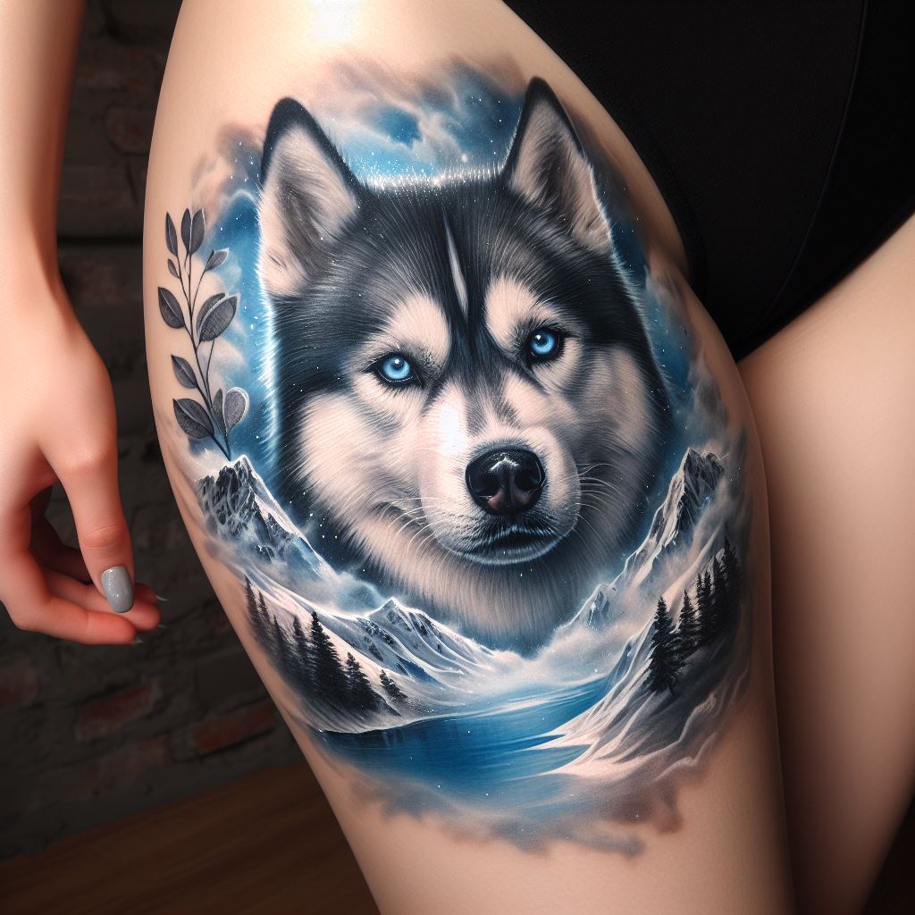 A majestic tattoo of a Siberian Husky's face, blending into a snowy mountain landscape, located on the thigh. This tattoo combines realism with elements of nature, capturing the Husky's piercing blue eyes and the serene beauty of its natural habitat. The design uses shades of blue, white, and grey to create a cold, wintry atmosphere.
